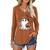 Long Sleeve V Neck Fall T-Shirt for Women Family Halloween Thanksgiving Tops Thankful Pumpkin Turkey Tees