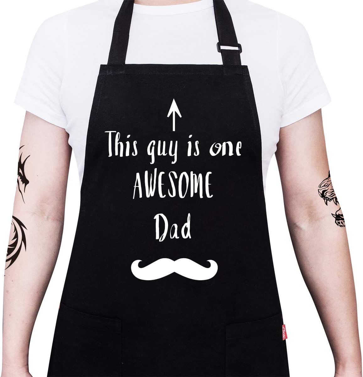 ALIPOBO BBQ Funny Apron for Men Dad - This Guy is Awesome Dad - Chef Bib Apron with 2 Pockets, Adjustable Neck Strap and 40” Long Ties - Best for Kitchen Cooking, Baking, Gardening - Black