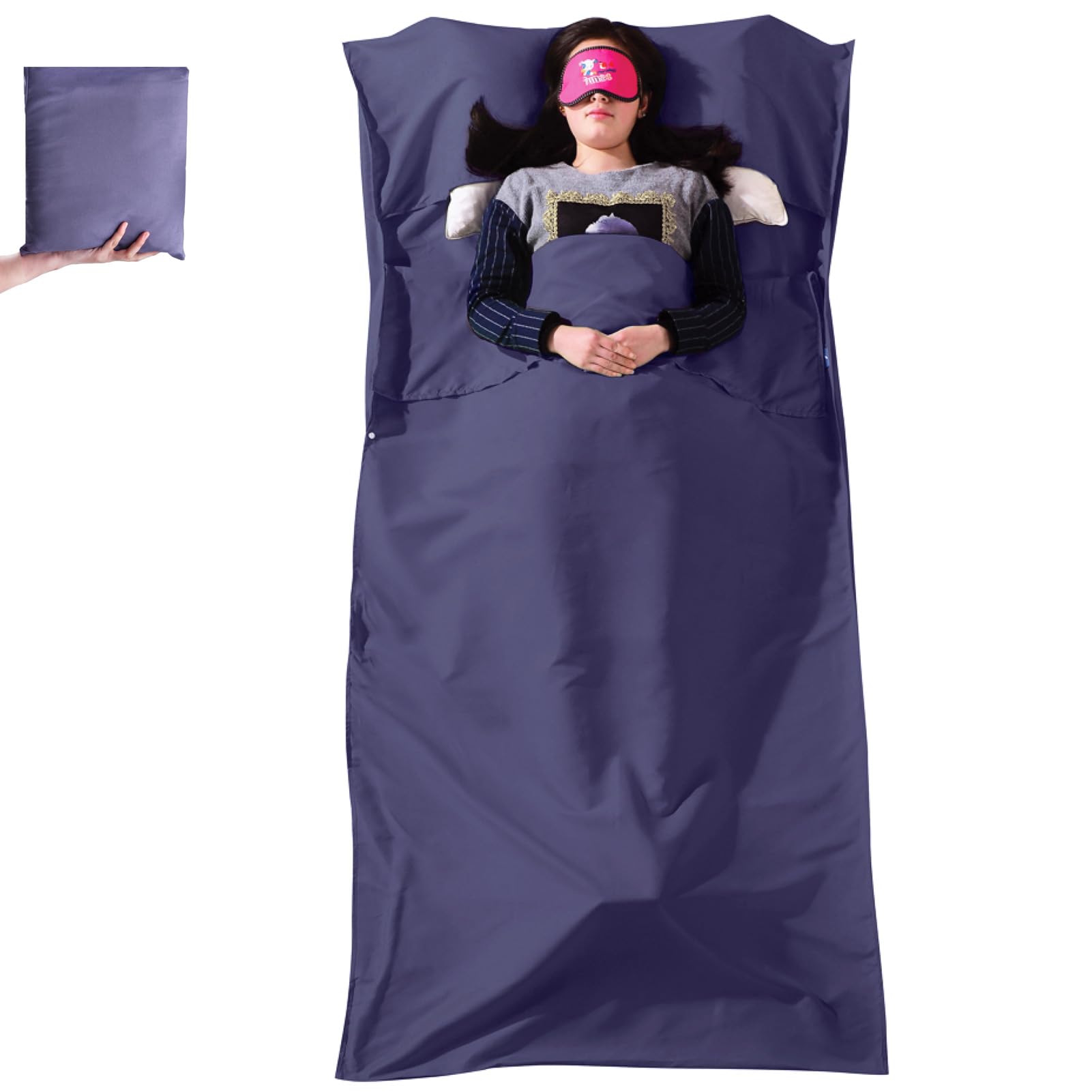 Azarxis Sleeping Bag Liner - Single & Double Size Travel Sheet with Pillow Slot - Lightweight Compact Sleep Bag Sack for Camping Traveling Hotels Hostels Backpacking Hiking (Dark Purple, 80 x 210 cm)