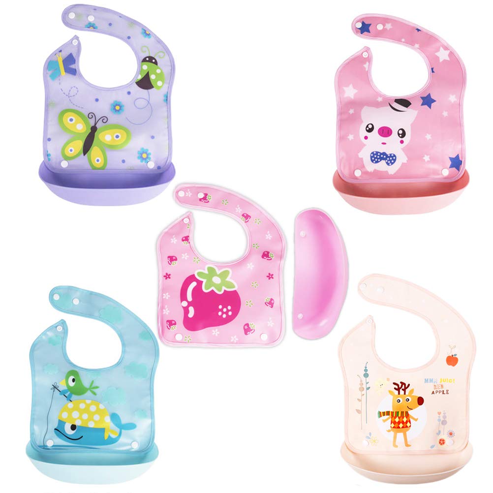 XM-Amigo 5 Pack of Silicone Removable Waterproof Bib Baby Weaning and Feeding Bib with Pelican Style Pocket
