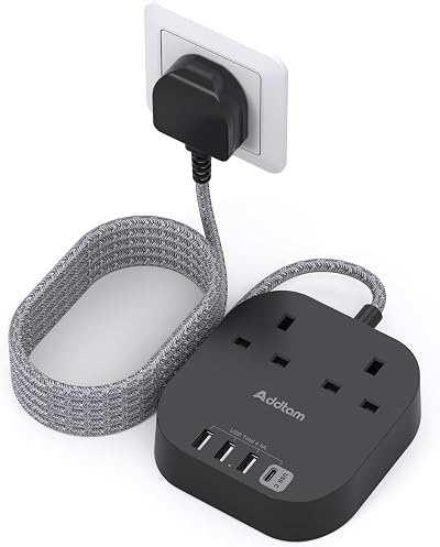Addtam 3M Extension Lead Power Strip 2 AC Outlets 4 USB Ports Braided Cord