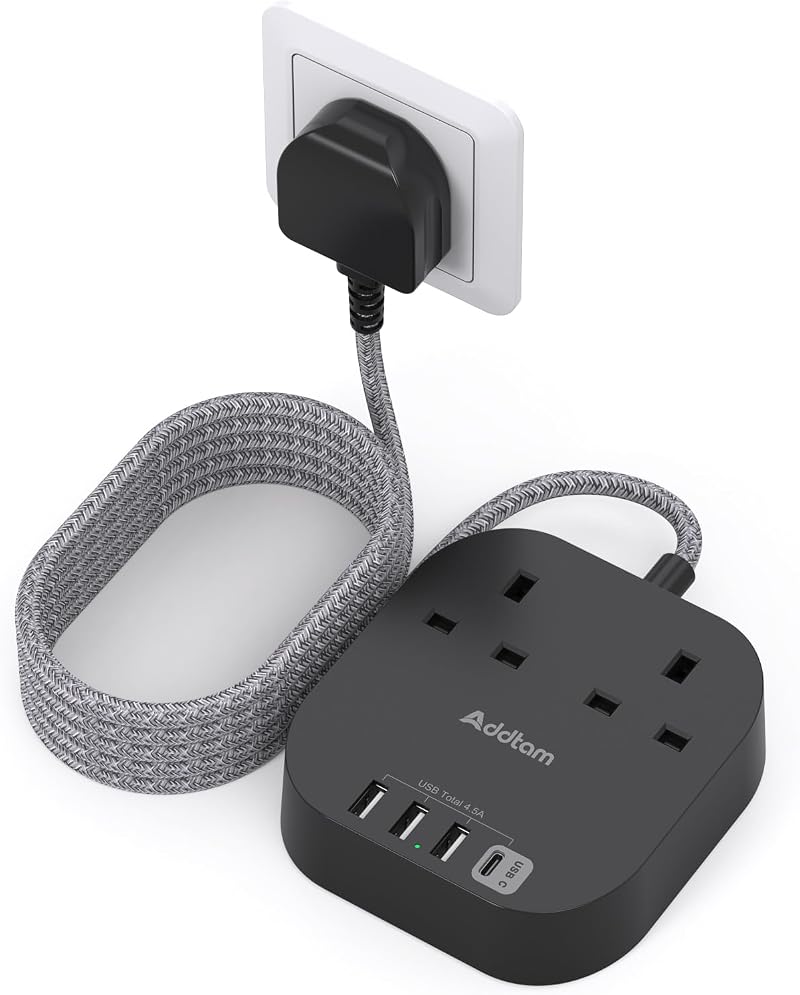 Addtam 3M Extension Lead Power Strip 2 AC Outlets 4 USB Ports Braided Cord