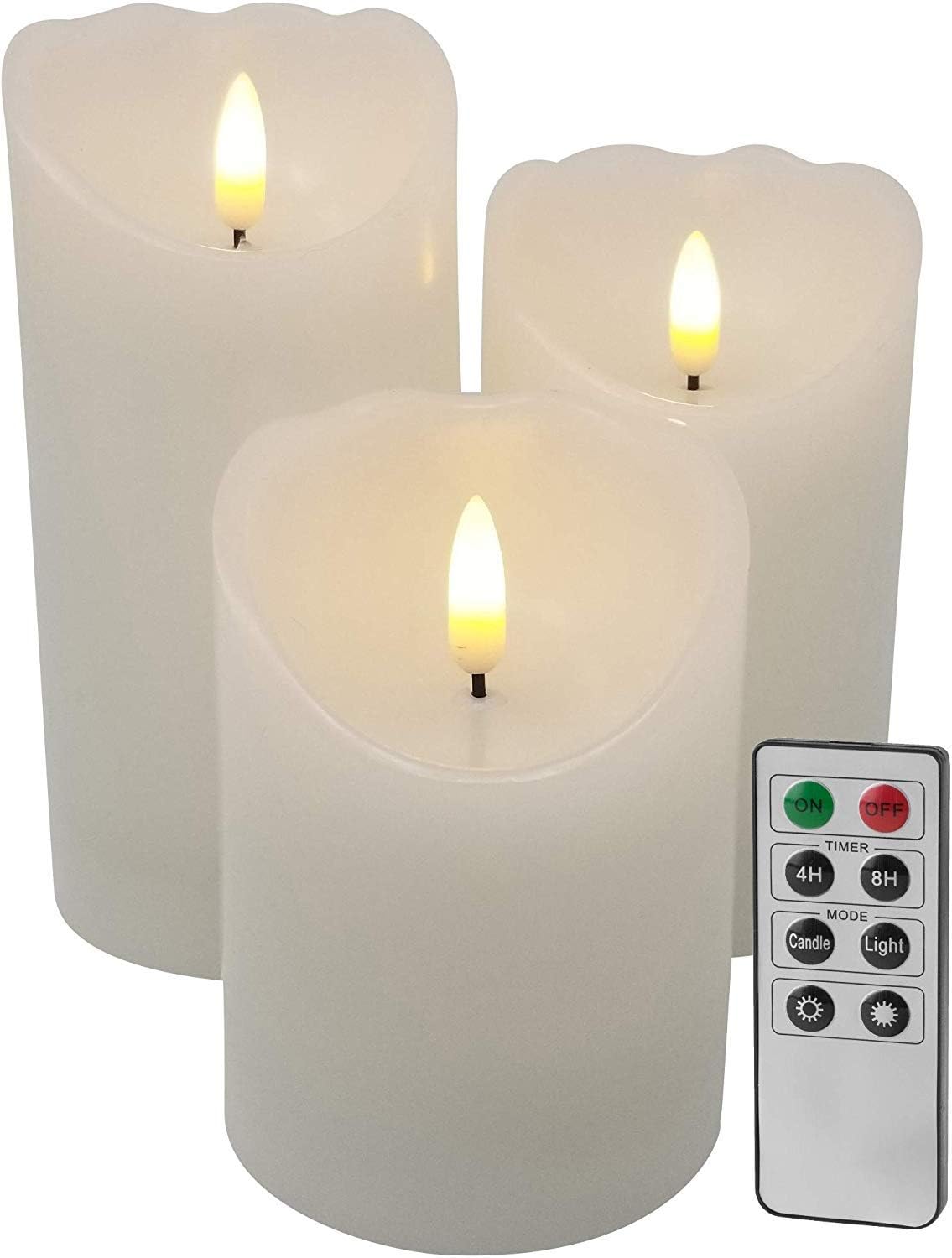 EGI - Set of 3 Flickering Real Wick Flameless Candles with Remote Control and Timer - Realistic Led Candles - Made with Real Wax