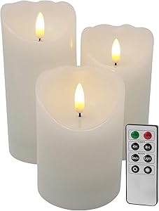 EGI - Set of 3 Flickering Real Wick Flameless Candles with Remote Control and Timer - Realistic Led Candles - Made with Real Wax