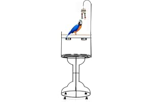 MCAGE Elegant and Durable Wrought Iron Parrot Bird Play Perch Sturdy 4-Leg Rolling Stand Perch Gym Ground with Removable No Rust Stainless Steel Tray and Feed Cups Toy Hook