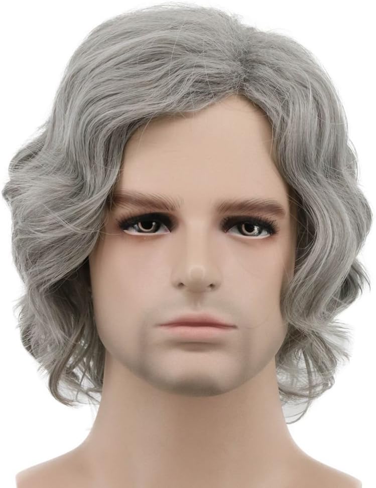 Karlery Men Short Bob Wave Gray Wig Halloween Cosplay Wig Anime Costume Party