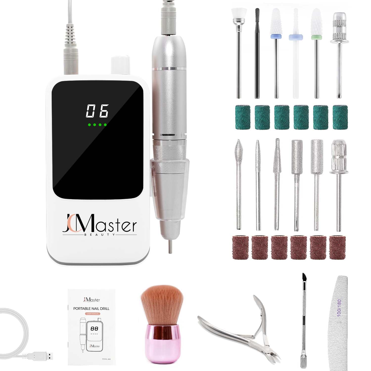 JCMaster 35,000 RPM Professional Electric Nail Drill - Rechargeable Nail File Kit with 12 Drill Bits & Sanding Bands for Acrylic & Gel Nails（White