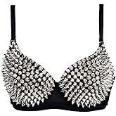 ZROSIN (Size: M, Silver) Punk Dancing Performance Gold Metallic Rivets Studded Strappy Bra Women Sexy Bras