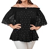 SCOMCHIC Women's Plus Size Off The Shoulder Tops Half Sleeve Chiffon Blouse Ruffle Cocktail Party Evening Shirts