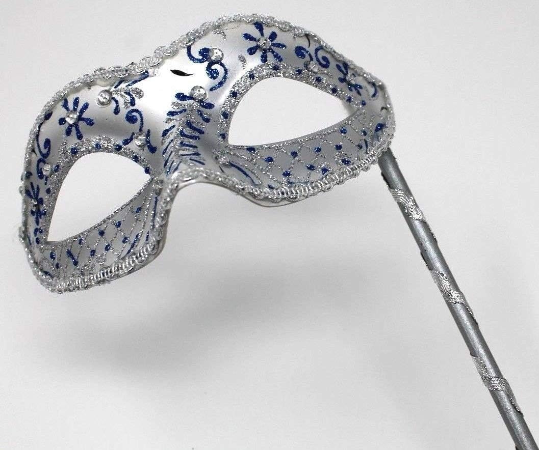 LADIES SPARKLING BLUE & SILVER VENETIAN MASQUERADE CARNIVAL PARTY EYE HAND HELD MASK ON A STICK WITH DIAMONTES - Image 3