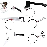 6 Packs Halloween Costume Horror Headbands Rubber Plastic Knife Cleaver and Scissor Through Head Hair Bands Zombie Accessories Headbands for Men Women Teen Makeup Scary Costume Halloween Party Favor