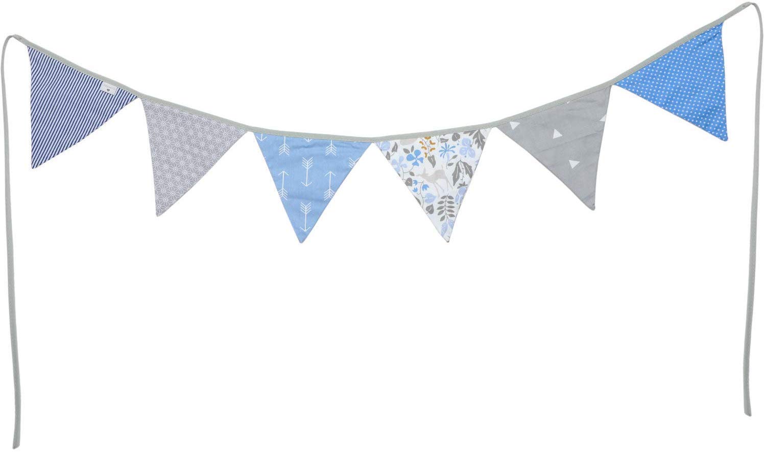 PREMYO Fabric Bunting Flags - Baby Shower Decorations Boys Nursery - Colourful Double Sided Banner Blue Grey