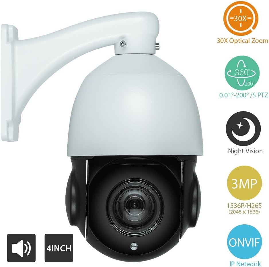 High Speed Dome IP Camera 3MP HD 1536P 30X Optical Zoom Onvif PTZ, IR Night Vision up to 500FT H.265 CCTV IP Network, 4 Inch Mini Size IP66 Waterproof Outdoor Camera