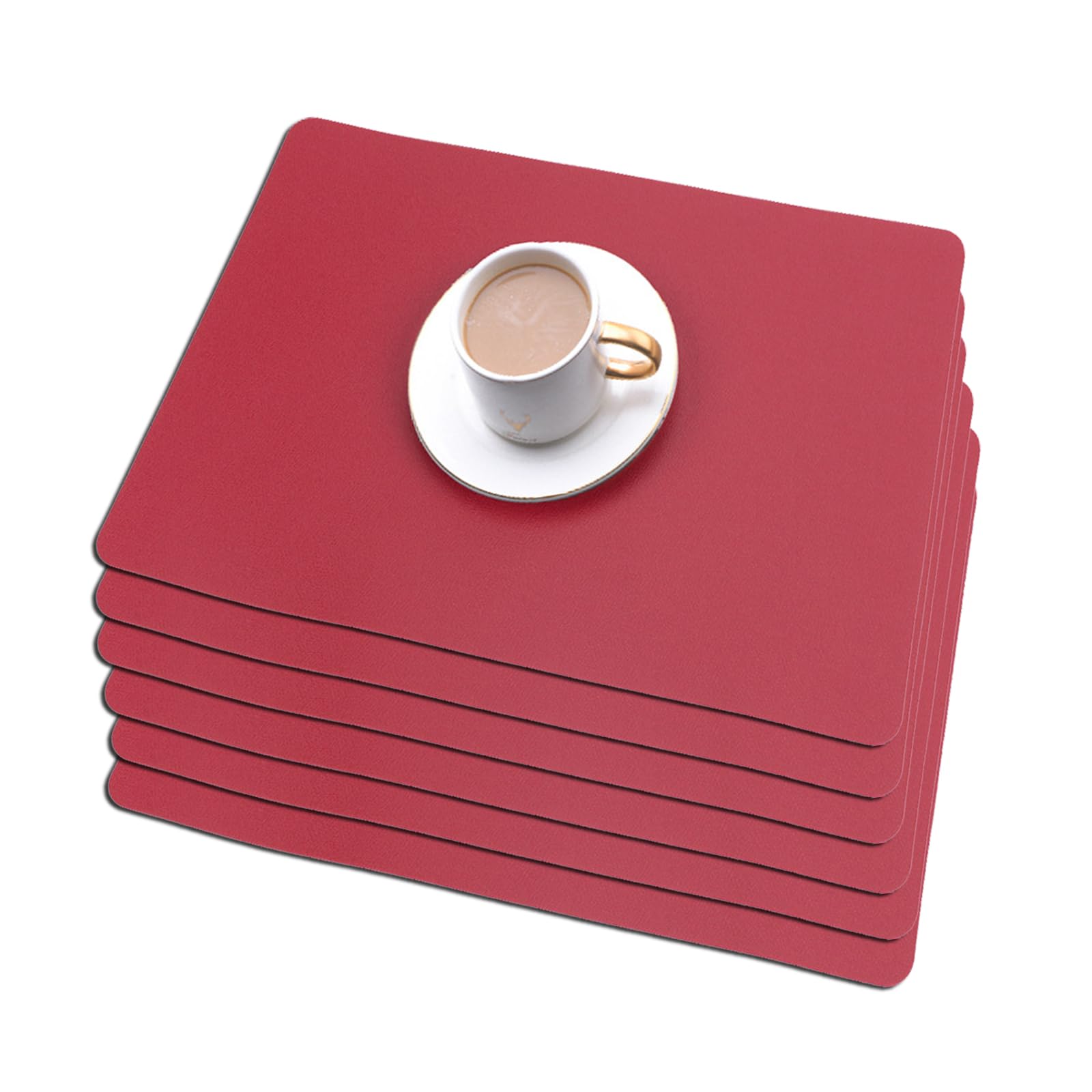 Soulnioi Placemats Set of 6, PU Leather Table Mats Heat Resistant Anti-Slip Place Mats Double-sided Washable Plate Mats for Kitchen Dining Table Restaurant Home Decor - Red
