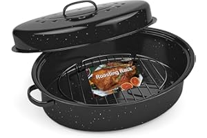 GESTONE 18In Turkey Roasting Pan With Rack and Lid, Large Granite Turkey Roaster Pan with Nonstick Rack for Oven Cooking, PFOA and PTFE Free, Fit for 15Lb Turkey, Dishwasher Safe