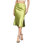 ALCEA ROSEA Women High Waist Silky Satin Midi Skirt Elastic Waist A Line Skirt with Slit