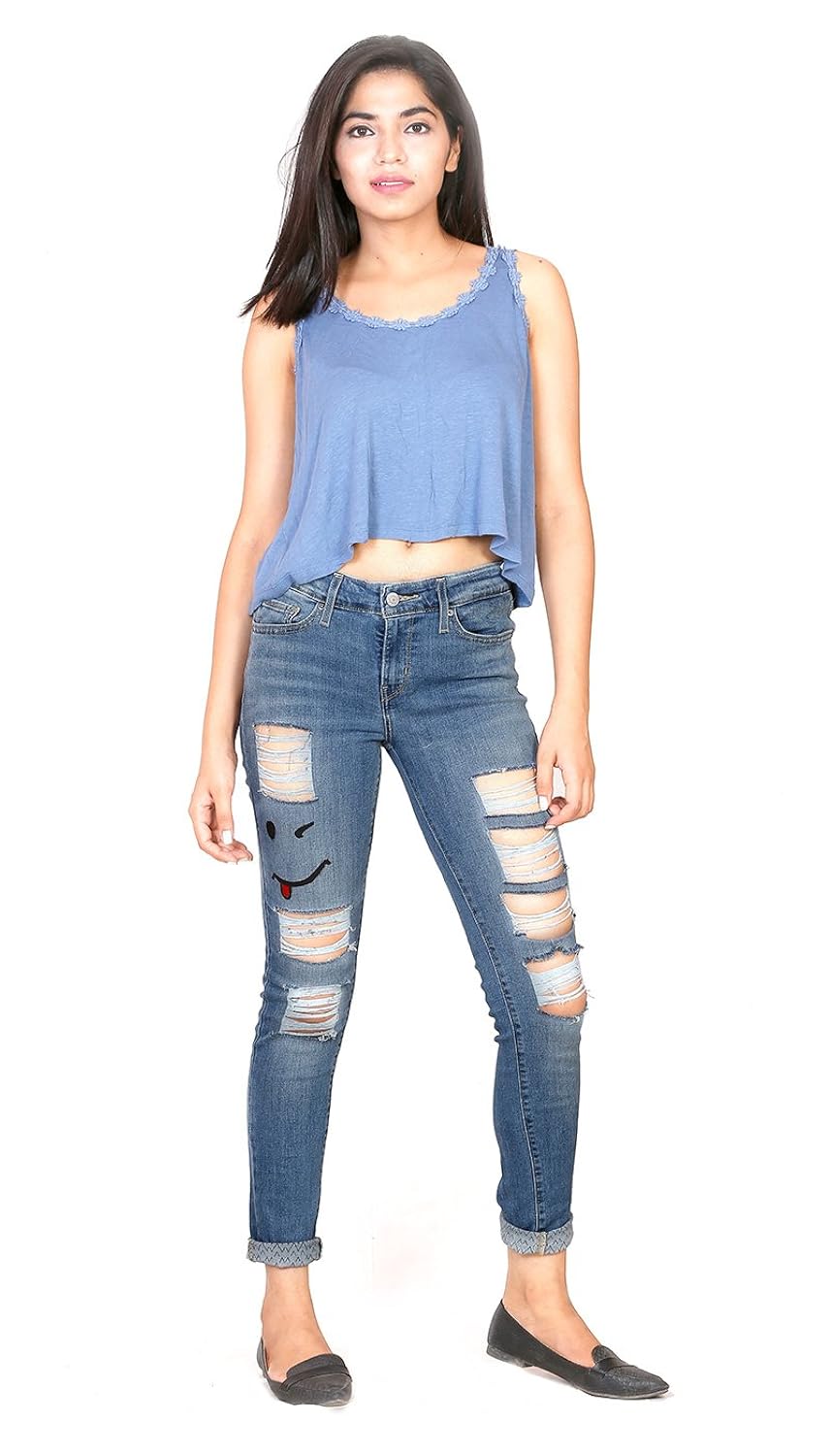 estrolo emoji ripped denim jeans ankle length skinny fit women's jeans