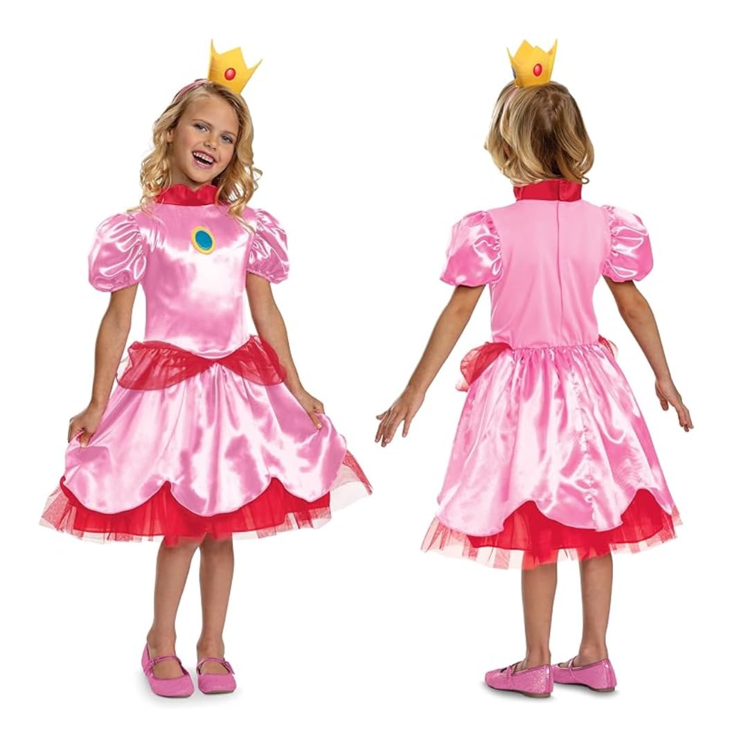 Disguise Super Mario Nintendo Princess Peach Fancy Dress for Kids, Officially Licensed, Peach Costume for Girls, Includes Iconic Crown with Pink Layered Dress, Perefct for Halloween, Ages 3-4