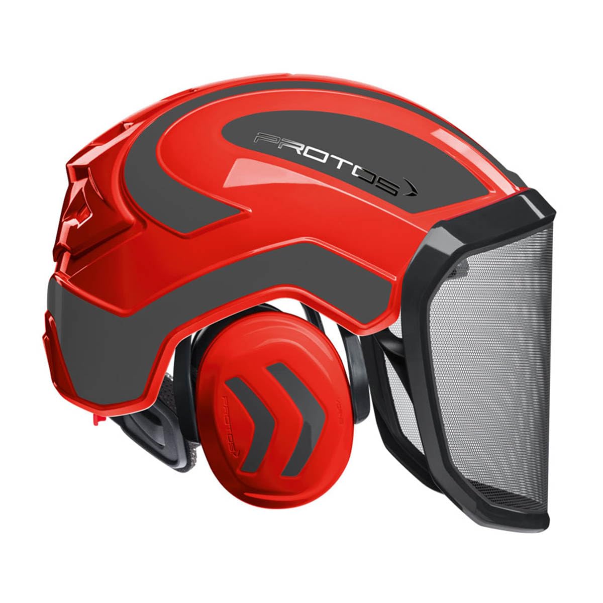 Protos Safety helmet integral forest hearing protection, colour: red/black, features: fine visor