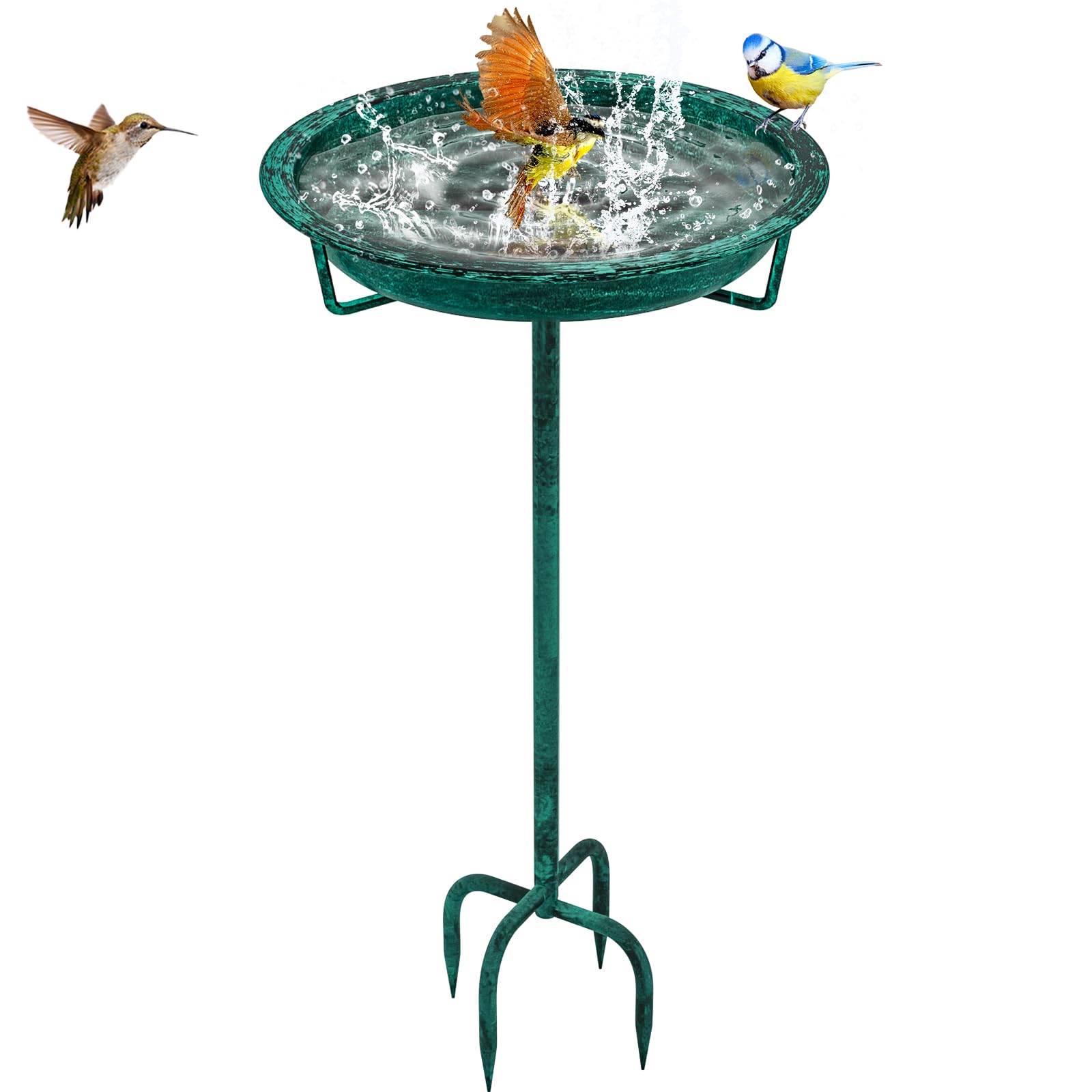 KHayRovies Bird Bath for Outdoors, Metal Garden Birdbath Bowl for Outside with 4 Prongs Base Stake, Bird Feeder for Garden Yard Lawn Deco (Retro Green)