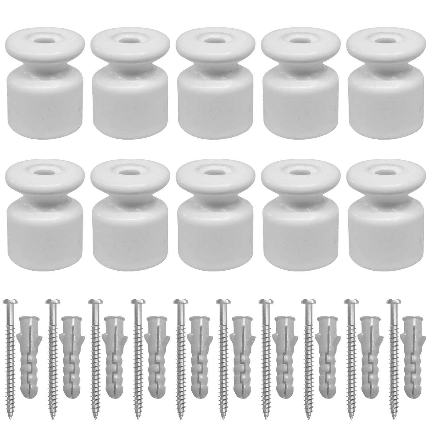 Amarcords - Cable clamp with screws and plugs. 10 vintage colored porcelain insulators for color wall braid cable installations WHITE