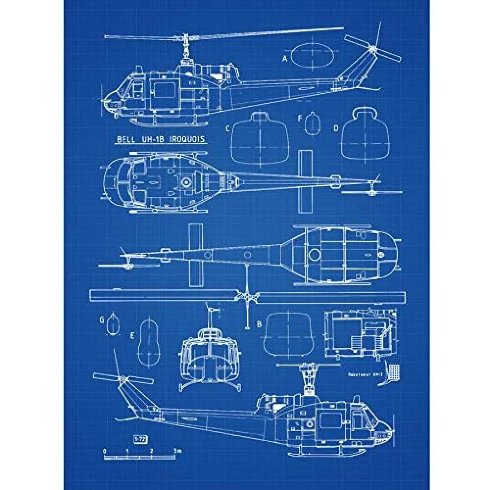 Artery8 Bell UH-1 Iroquois Military Helicopter Blueprint Plan Art Print Canvas Premium Wall Decor Poster Mural