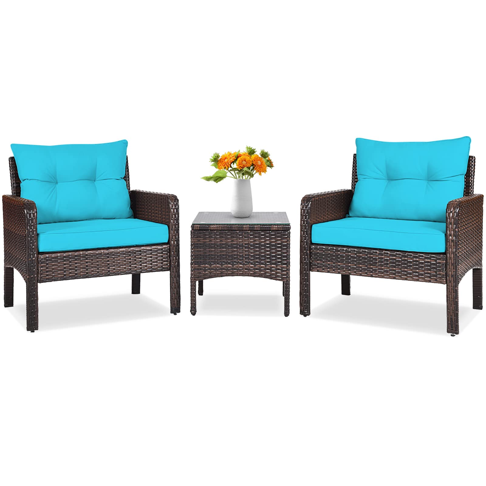 Tangkula 3 Piece Wicker Chairs with Glass Top Coffee Table, Thick Cushions, All Weather Garden Lawn Poolside Backyard Porch Outdoor Patio Furniture Set for 2 (Turquoise) Image