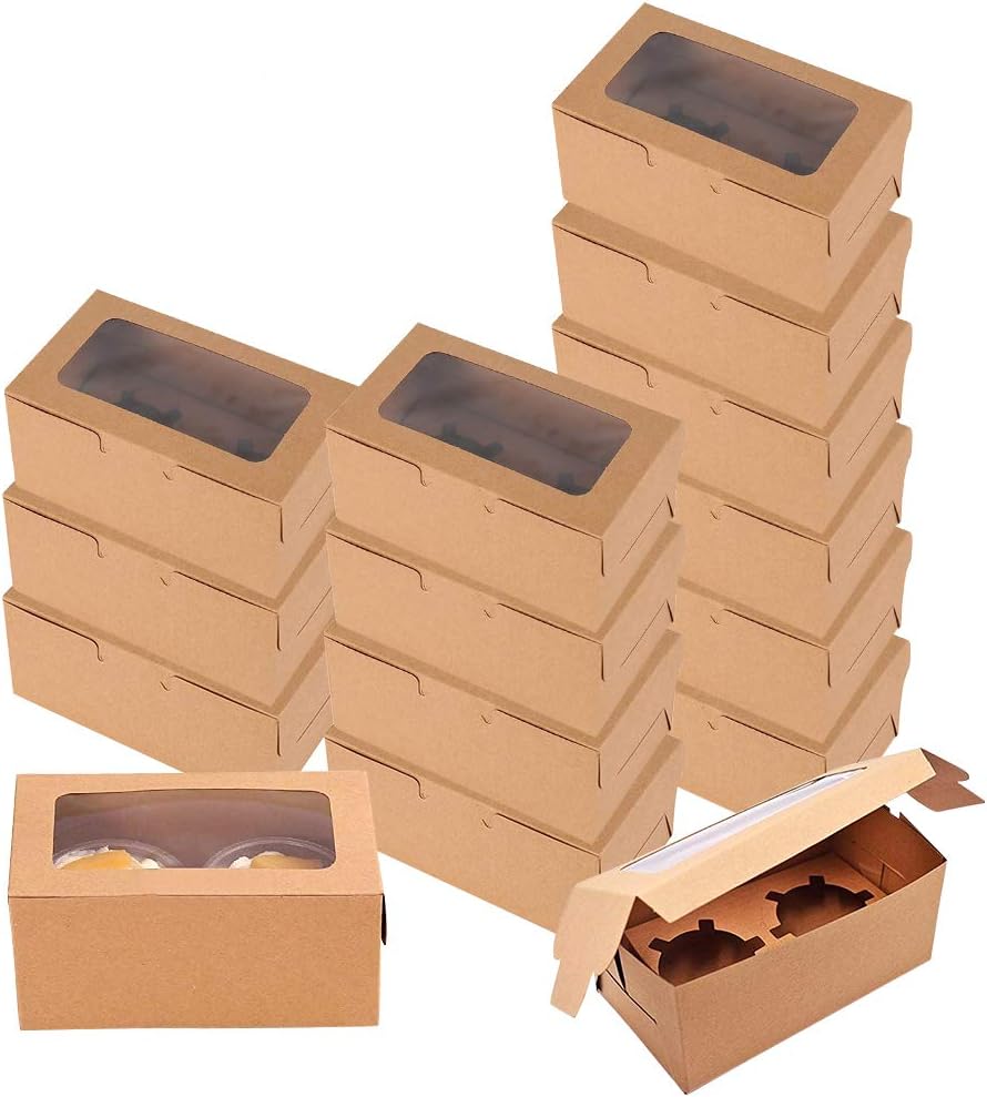 Ehdching Bakery Cupcake Box, Kraft Paper Cake Boxes with Clear Window and Inserts, Mini Cupcake Carriers for Dessert, Pastry, Treat Boxes (Set of 15)