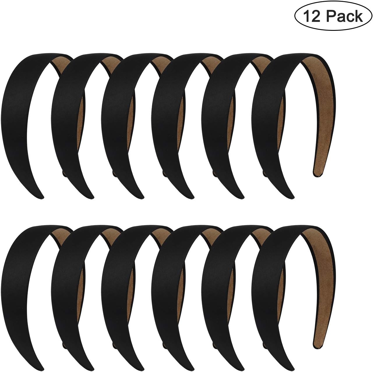 Satin Headbands Hard Ribbon Hair bands for Women and Girls 1.2 Inch Black Non-slip DIY Hair Accessories 12 Pack