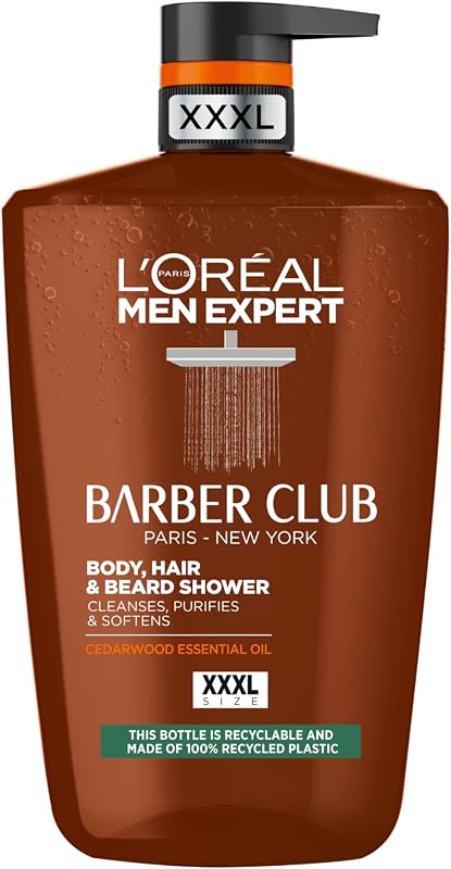 Gel douche Barber Club formulé avec de l'huile de bois de cèdre pour nettoyer, nourrir et hydrater la barbe, la peau et les cheveux, 1L