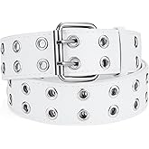 SANSTHS Women Double Grommet Studded Belts, Black Leather Belt for Women Men Punk belt