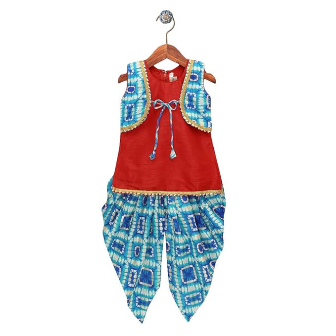 BownBee By Hopscotch Girls Silk Blend Attached Jacket Kurti Dhoti in Blue Color