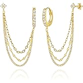 COARVXA 925 Sterling Silver Four Zircons Flower Stud Double Piercing Chain Earrings | Double Piercing Dangle Three Chains Hoop Earrings | Double Piercing Earrings Gifts Jewelry for Women