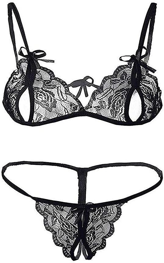 Honeymoon Sexy Babydoll Lingerie Set Lace Bra with Crotchless Lace G String Panty
