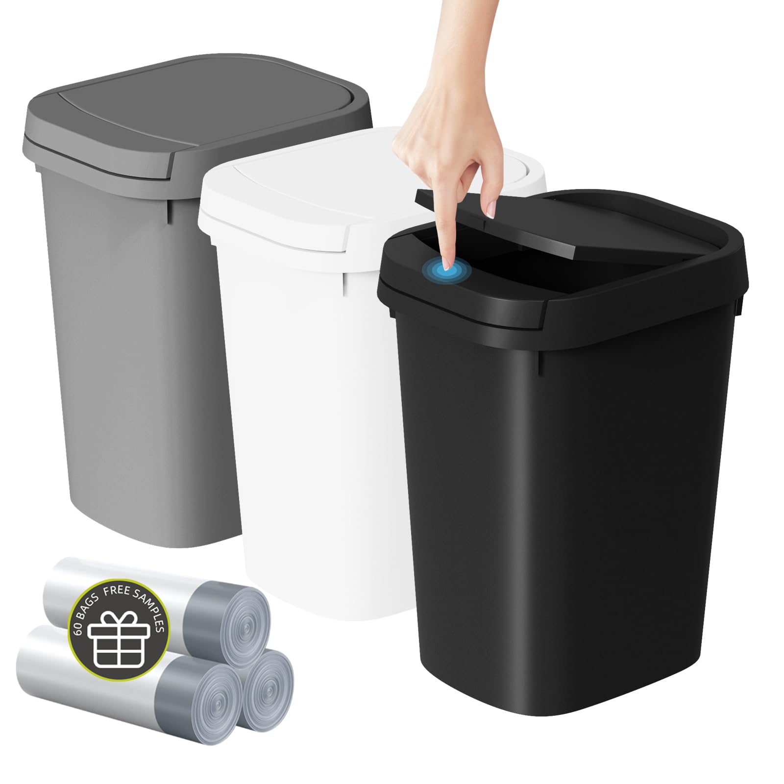 Photo 1 of KSSKSS 3 Pack Bathroom Small Trash Can with Lid, 2.6 Gallon Slim Garbage Bin with Pop-Up Lid, 10L Plastic Wastebasket for Bedroom, Office, Kitchen, Toilet (Three Colors)