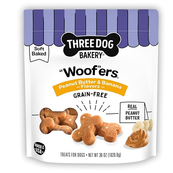 THREE DOG BAKERY GRAIN-FREE “WOOF”ERS, PEANUT BUTTER &...