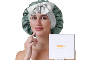 ZIMASILK 100% Mulberry Silk Bonnet for Sleeping Women Double Layer Hair Wrap with Silk Tie Band Natural Cap for Hair Care Stay on Head (1Pc, Grayishgreen + Lightgrey)