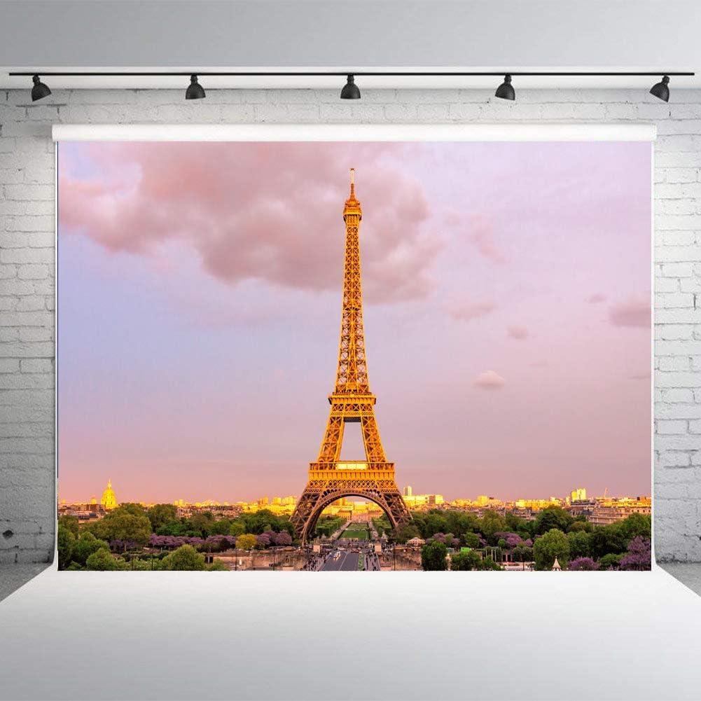 Photo 1 of YLPHYLIS Paris Eiffel Tower Polyester Backdrop 7x5ft Pink Sunset View of Paris Backdrop Famous City Landmark Banne Paris Theme Party Decoration Washable Photography Backdrop YL132