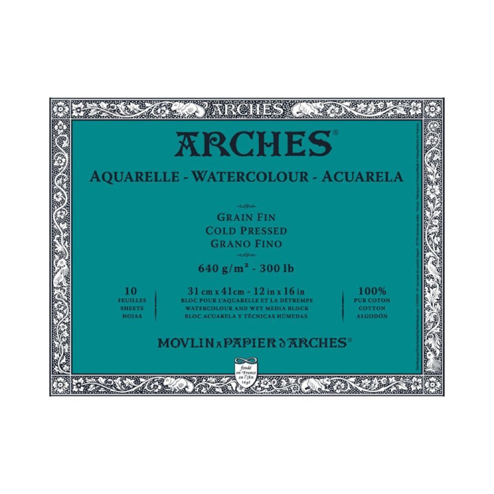ARCHES 31 x 41 cm 640 GSM Cold Pressed Glued on 4 Sides Block Watercolour Paper - Natural White (Pack of 10 Sheets)