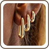 3 Pairs Chunky Gold Hoop Earrings Sets for Women Gold Hypoallergenic Oval Huggie Earrings Lightweight Thick Rectangle Hoop Earrings Trendy Jewelry for Women