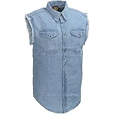 Milwaukee Leather DM1001 Men's Blue Lightweight Denim Shirt with Frayed Cut Off Sleeveless Look