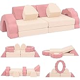 Annualring 10-Piece Mini Kids Play Couch, Modular Flower Foam Sofa, Convertible Soft Play Sofa with Washable Cover, Indoor Climbing Furniture for Playroom, Pink &amp; Beige
