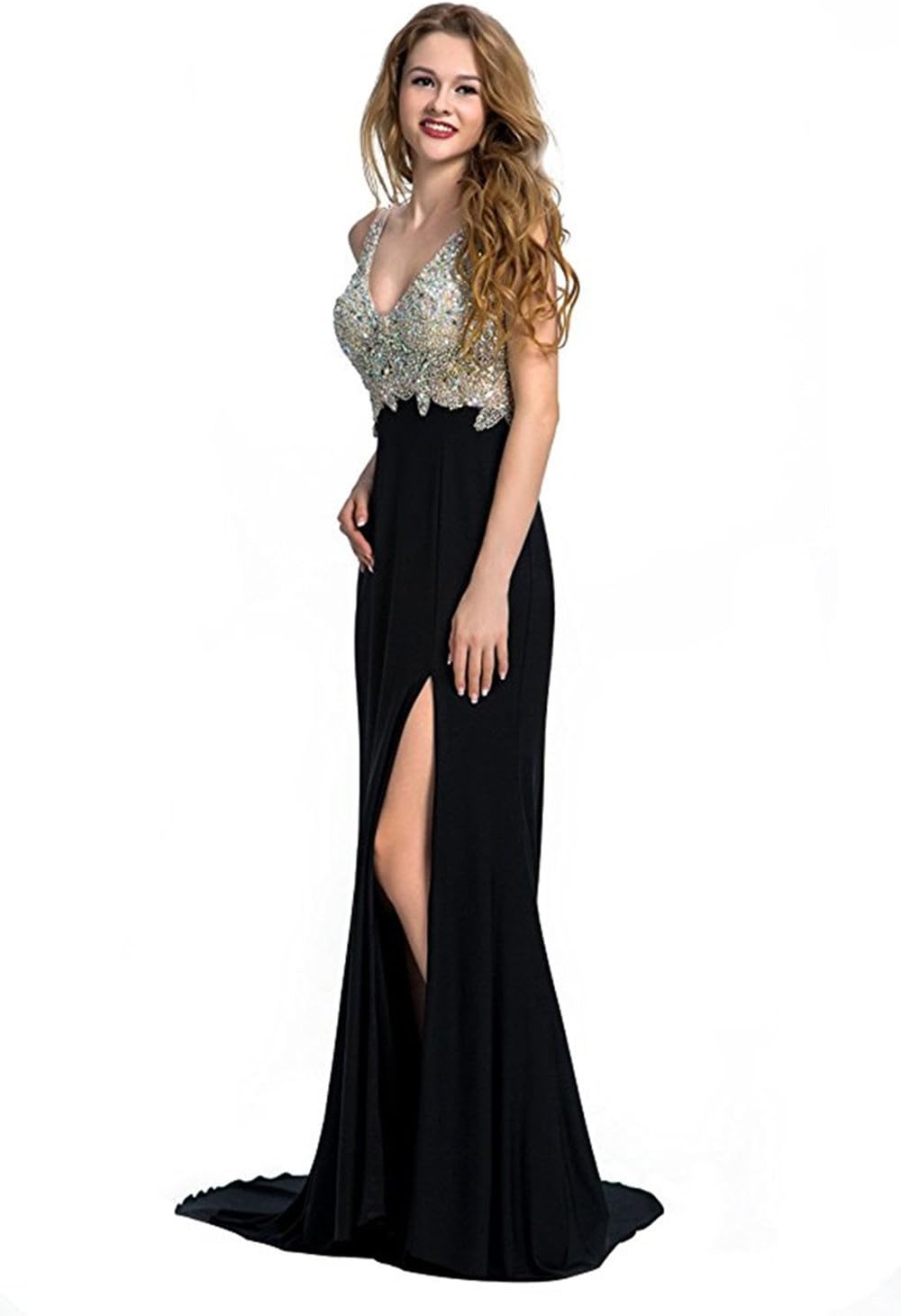 Miss Chics Evening Dress V-Neck Handmade Crystal Beaded Mermaid Black Long Prom Dress for Women-2018 Newest