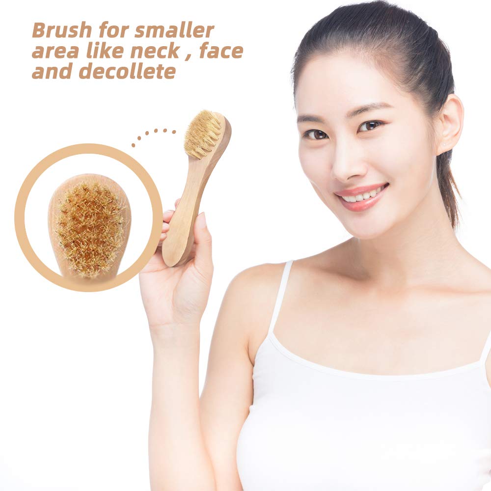 Dry Brushing Body Brush, 4 Pcs Detachable Natural Boar Bristle Body Brush Set with an Exfoliating Face Brush, a Shower Glove and a Massager Brush, Removes Dead Skin & Toxins