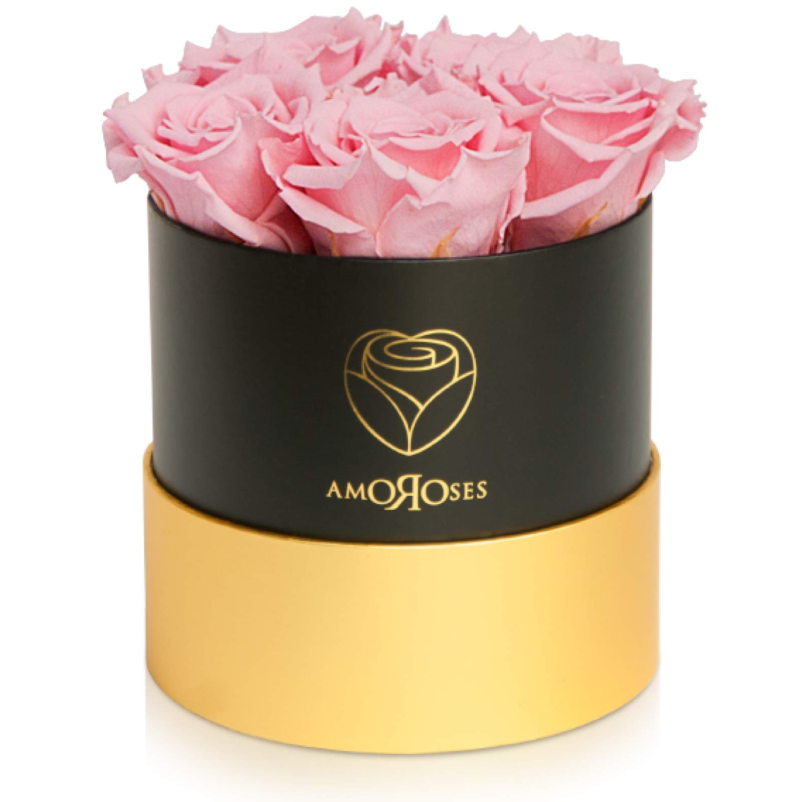Amoroses Petite - Gift Box with 5 Eternal Stabilised Roses - An elegant Bouquet of Real Flowers | Mother's Day (Petite Black Box with Pink Roses)