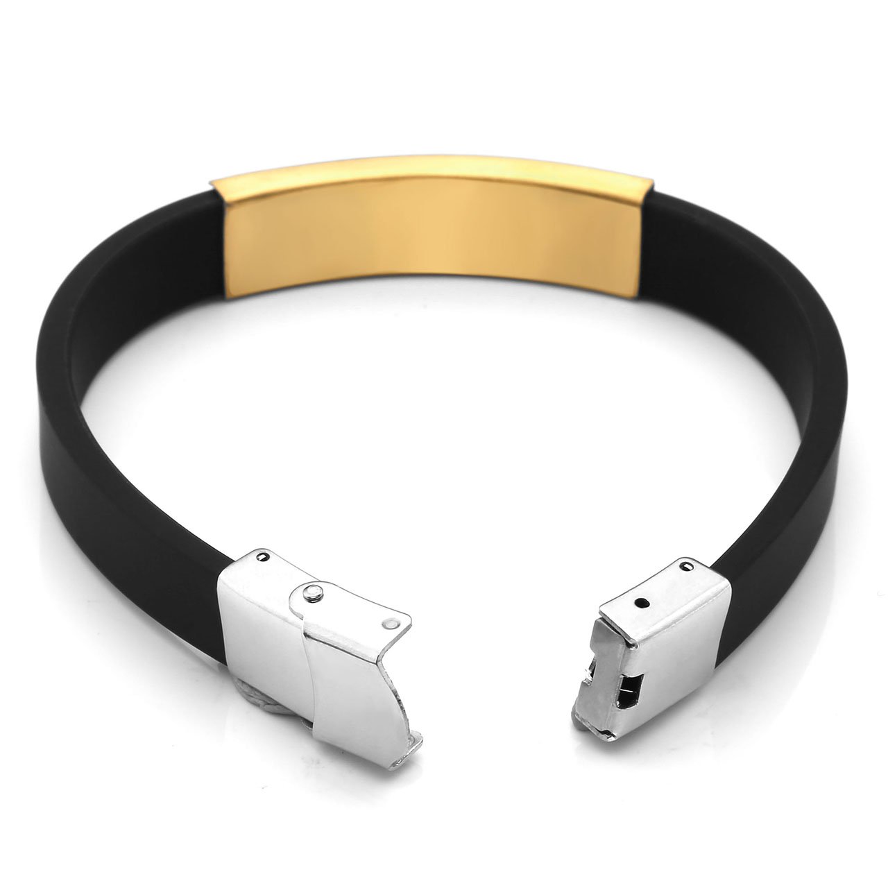 PiercingJ Paare Armband Set 2x Edelstahl Gummi Kautschuk Geometrie Armband Armreifen Manschette für Herren Damen Punk Biker mit 1x Geschenk-box, silber/gold/schwarz