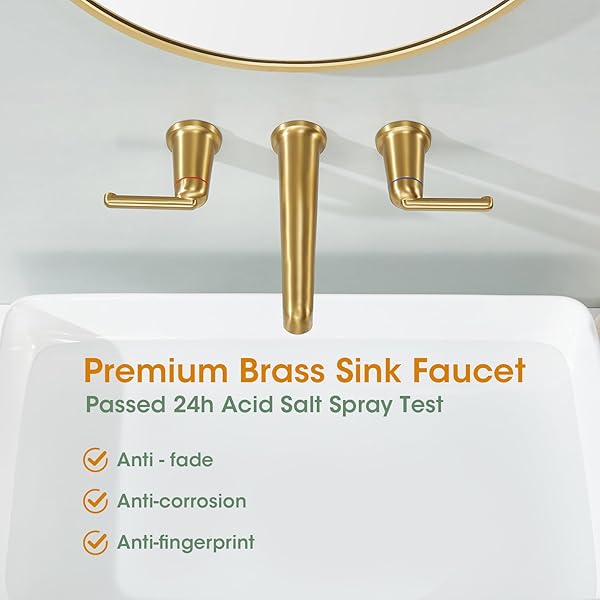 SOEBIZ WALL MOUNT BATHROOM FAUCET, WIDESPREAD 3 HOLES BRASS VESSEL FAUCETS FOR BATHROOM, TWO HANDLES BRUSHED GOLD WALL MOUNTED SINK FAUCETS SZ9905BG