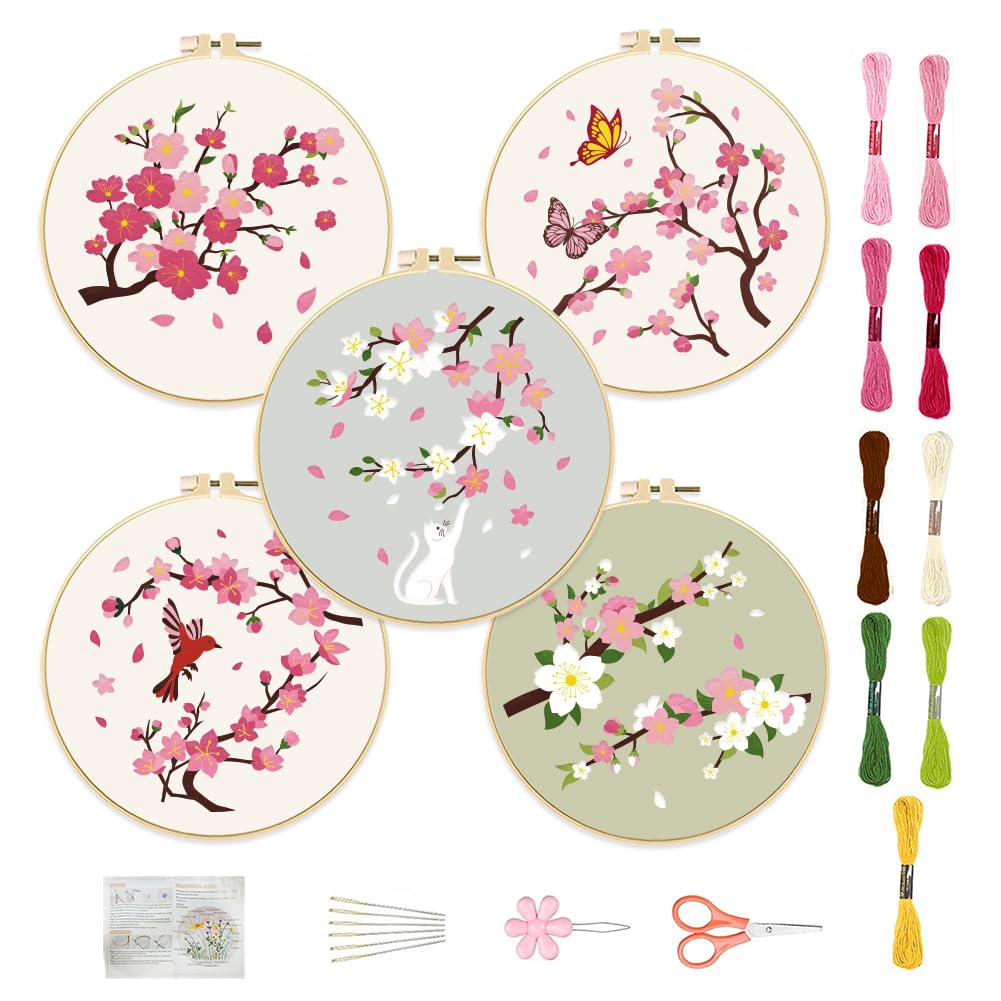 FREEBLOSS 5 Set 8'' Cherry Blossom Embroidery Kit Cross Stitch Kit with Stamped Cherry Pattern Cherry Embroidery Kit for Beginners Instructions Included Embroidery Starter Kit for Adults