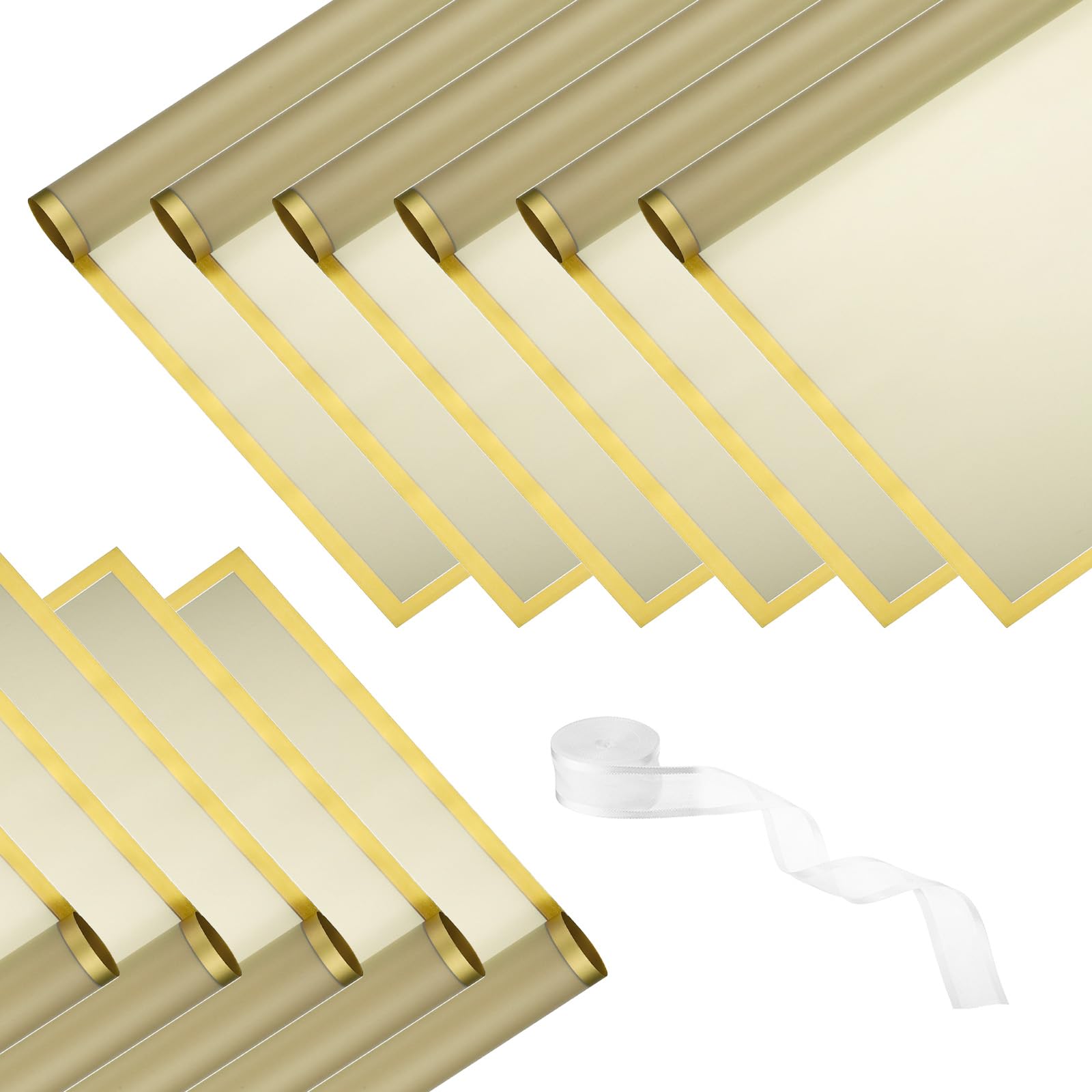 PATIKIL Flower Wrapping Paper 22.4x22.4, 20 Sheets Waterproof Florist Floral Bouquet Wrap Paper Gold Edge with 1 Roll Ribbon for DIY Crafts Gift Packaging, Grey Khaki