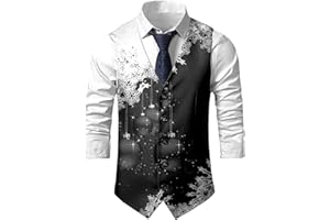 Men's Festive Waistcoat Christmas Snow Tree Reindeer Printed Vest V-Neck Lightweight Slim for Xmas Party Holiday Business